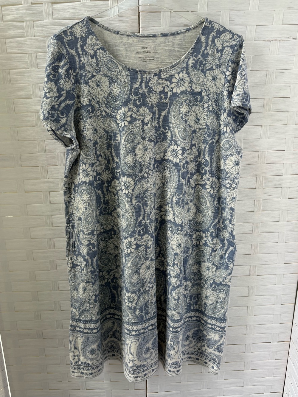 Pure Jill Large Slub Knit‎ Dress Organic Cotton Blue White Short Sleeve Comfort